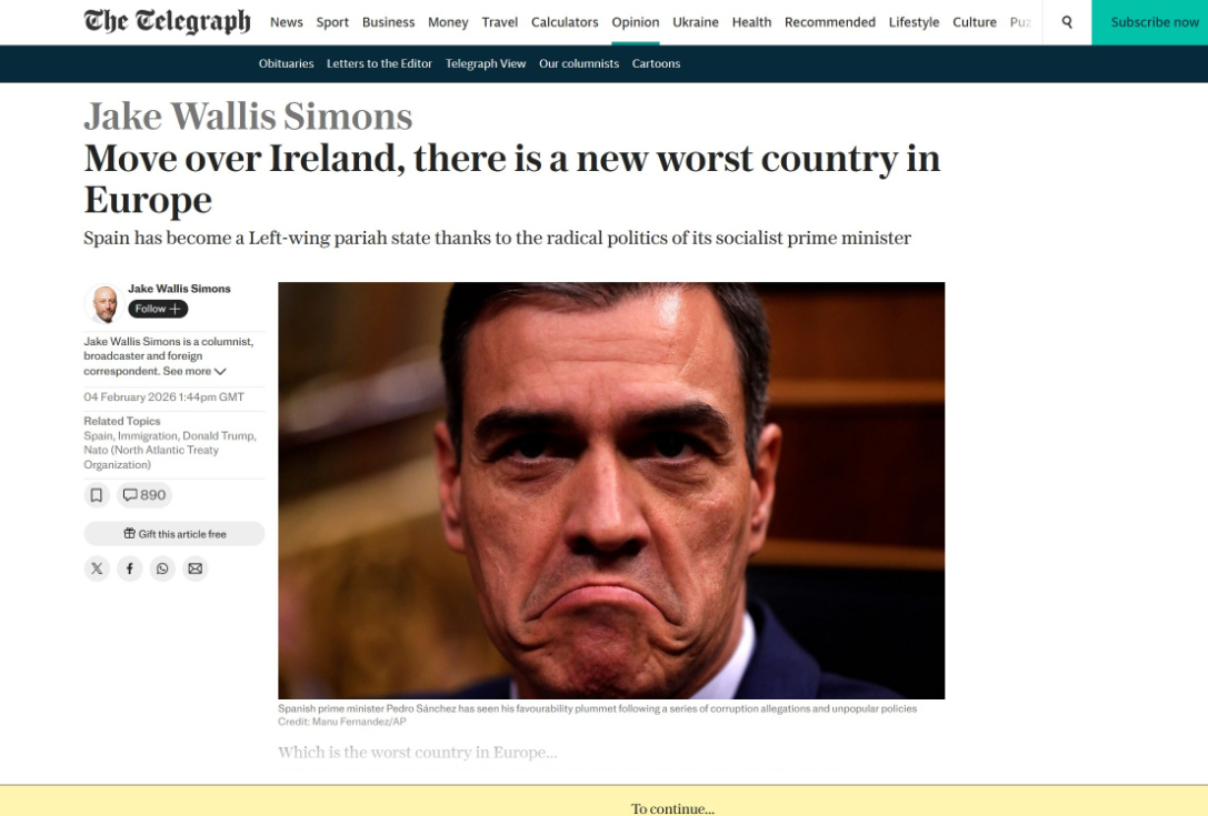 El diario brit&aacute;nico "The Telegraph" acusa al Gobierno de Pedro S&aacute;nchez de convertir a Espa&ntilde;a en el peor pa&iacute;s de Europa
