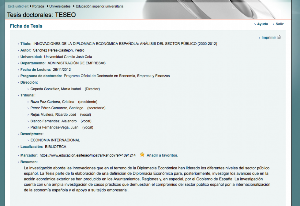 Resumen de la tesis de Sánchez, que se muestra en TESEO